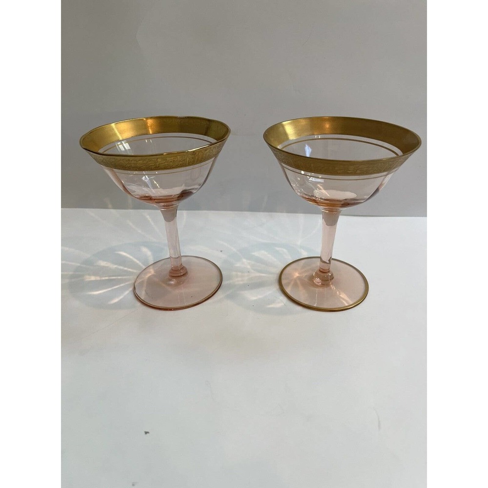Tiffin Franciscan 22kt Gold Leaf Glassware Champagne Cocktail Pink Set of 2